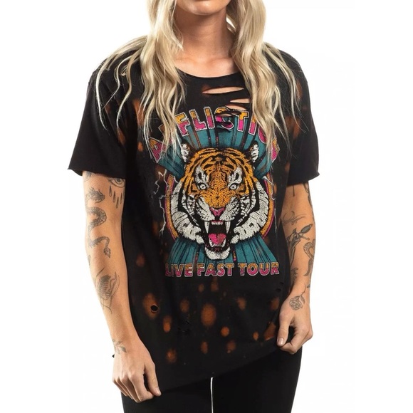 Affliction Women's T-Shirt Rock The Tigers Storm Black Biker Skull - Picture 2 of 5